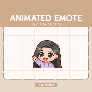Animated Emote Girl Long Straight Black Hair Waving Hello Emote / Hello Emote / Cartoon Emote