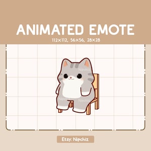 Animated Emote Adorable Gray Tabby Cat is Sitting on a Chair and Moving its Legs / Adorable Chibi Emote / Cartoon Emote for Streaming