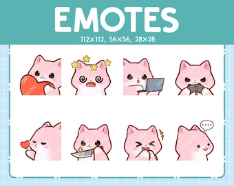 Paquete de 8 lindos emoticones de gato rosa / Emoticones de gato rosa chibi para transmisores / Conjunto de emojis kawaii