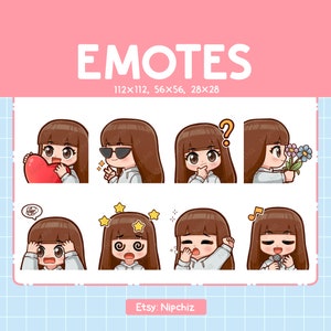 Kawaii Chibi Girl Emotes | 8 Cute Emotes for Streaming | Straight Brown Hair with Bangs | Brown Eyes
