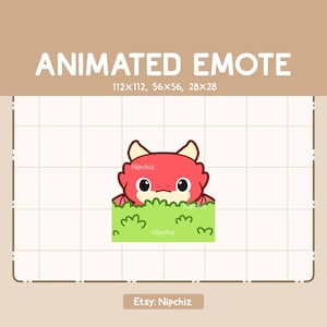 Animowana emotka ukrywająca czerwonego smoka wyłaniającego się z krzaka / Chibi zabawna emotka / emotka do streamingu / emotka z kreskówek