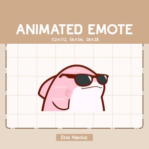 Emote animé mignon requin rose avec des lunettes de soleil noires vibre en agitant la tête d'avant en arrière - Adorable emote de dessin animé