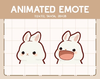 Peut inclure: Émoticône animé d'un lapin blanc avec des oreilles et des yeux bruns. Le lapin a deux expressions : une expression neutre avec la bouche fermée et une expression souriante avec la bouche ouverte.