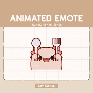 Könnte beinhalten: Animierter Emote mit einem Cartoon-Axolotl, der einen Löffel und eine Gabel hält. Der Axolotl ist hellrosa mit einem lächelnden Gesicht und rosa Rüschen. Der Text "ANIMATED EMOTE" steht oben, mit Größenangaben darunter. Etsy: Nipchiz.