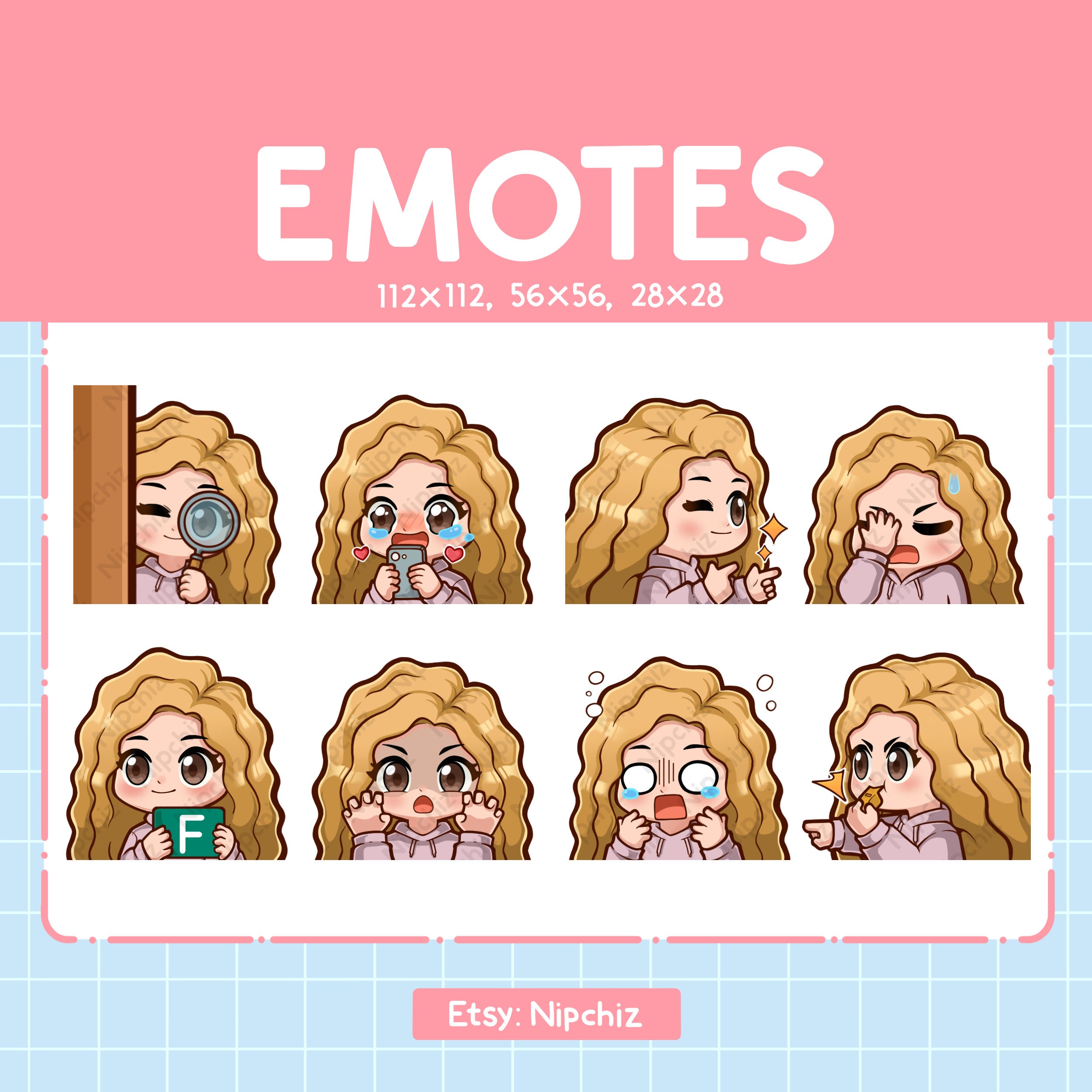 Chibi Girl Emotes / Blonde Curly Hair / Cute Emoji Pack 8 Girl Emotes ...