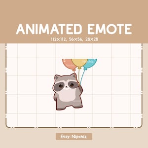 Animated Emote Chibi Raccoon is Holding a Bunch of Colorful Balloons and Flying - Cute Funny Emote - Ready to Use - Kawaii Emote