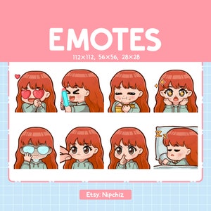 Chibi Girl Emotes for Streaming / Red Hair – Brown Eyes (8) Kawaii Emotes / Cute Girl Emote Bundle