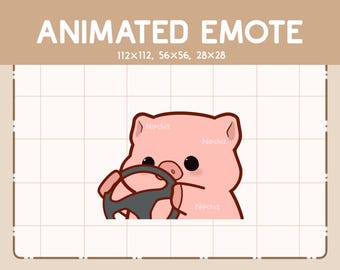 May include: Animated emote of a pink pig with a surprised expression, holding a steering wheel. The pig has large eyes and a small snout. The steering wheel is grey and has a black rim. The emote is available in three sizes: 112x112, 56x56, and 28x28.
