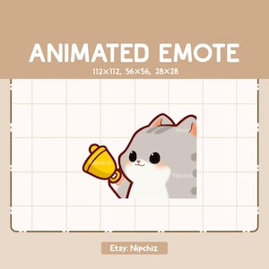Animated Emote Gray Tabby Cat is Trying to Get The Attention By Ringing a Bell - Cute Cartoon Emote - Ready to Use