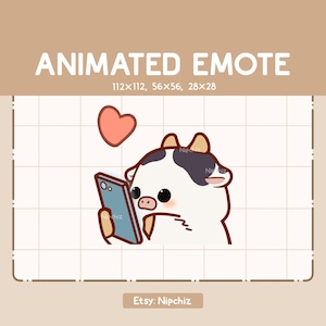 Jolie vache animée tenant son téléphone/Emote en tapant dessus pour un streamer/Emote dessin animé Chibi