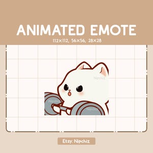 Animated Emote Chibi White Cat is Doing Workout / Adorable Chibi Emote / Cartoon Emote for Streaming