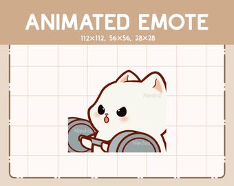 Pode incluir: Emoticon animado de um gato branco com bochechas cor-de-rosa levantando pesos. O gato tem uma expressão determinada e está levantando dois pesos cinzentos com as suas patas. O emoticon está disponível em três tamanhos: 112x112, 56x56 e 28x28.