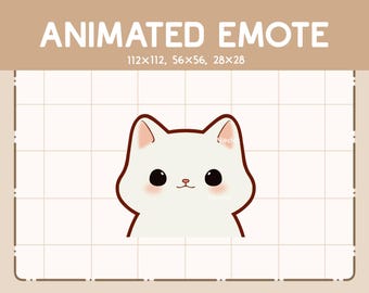 May include: Animated emote of a white cat with brown eyes and blush on its cheeks. The cat has a simple, cartoon-like design.
