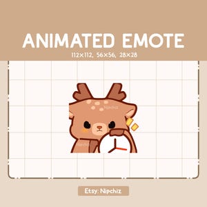 May include: Animated emoji of a brown deer with large eyes and a worried expression holding a clock. The deer is wearing a brown and white spotted pattern.