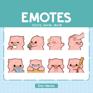 Gestos de cerdito chibi para streaming: (8) emoticones kawaii, paquete de emoticones de cerdito lindo, emoticones divertidos