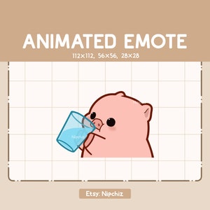Emote animado Chibi Pig está bebiendo un vaso de agua / Listo para usar / Emote de dibujos animados para Streamer