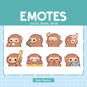 Kawaii Monkey Emotes (8) – Cute Emotes for Streamer – Chibi Monkey Emoji Bundle