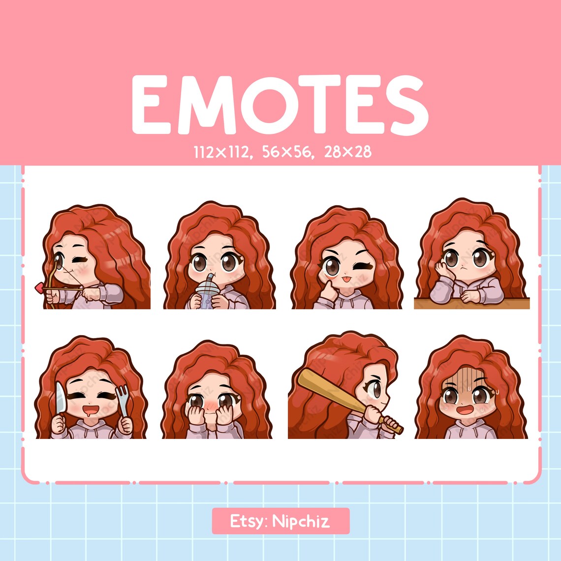 Kawaii Girl Emotes 8 / Red Curly Hair / Cute Emotes for Streamer ...