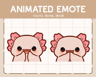 Puede incluir: Emoticón animado con dos personajes de ajolote con branquias rosas y mejillas sonrojadas. El texto "ANIMATED EMOTE" está en la parte superior, con dimensiones. El nombre de la tienda Etsy "Nipchiz" está en la parte inferior.