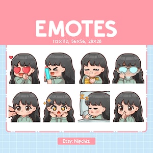 Chibi Girl Emotes for Streaming / Black Hair – Brown Eyes (8) Kawaii Emotes / Cute Girl Emote Bundle