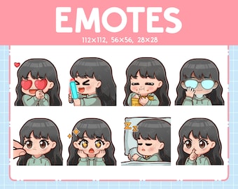 Gestos de chica chibi para transmisión / Cabello negro, ojos marrones (8) Gestos kawaii / Paquete de gestos de chica linda
