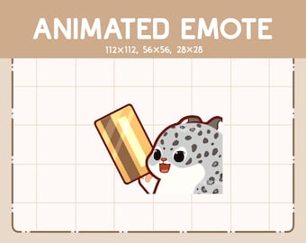 May include: An animated emote of a cartoon snow leopard with a golden ice lolly. The text "ANIMATED EMOTE" is at the top, with size dimensions below. The Etsy shop name "Nipchiz" is at the bottom.