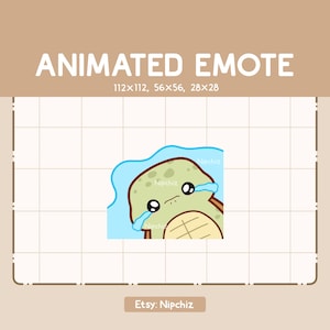 May include: An animated emote featuring a crying turtle with a sad expression, tears, and a light blue background. The text "ANIMATED EMOTE" is at the top, with size dimensions. The Etsy shop name "Nipchiz" is at the bottom.