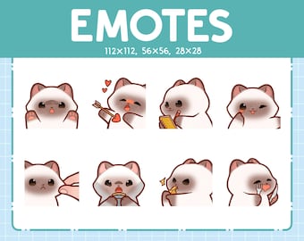 Siamese Cat Emotes 8 Pack / Chibi Siamese Cat Emotes for Streamer / Kawaii Emoji Set