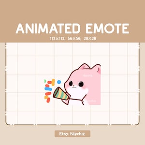 Animated Emote Chibi Pink Cat Celebrating The Moment With His Party Popper / Joyful Cartoon Emote / Ready to Use / Cute Emote