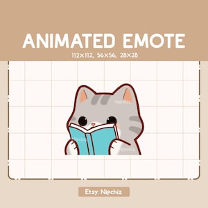 Emote animata Adorabile gatto soriano grigio che legge un libro - Emote adorabile - Emote divertente per lo streaming - Emote kawaii