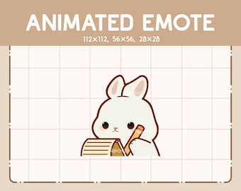 Peut inclure: Émoticône animé d'un lapin blanc aux yeux bruns et au nez rose tenant un crayon et écrivant sur un morceau de papier. Le lapin porte un contour brun.