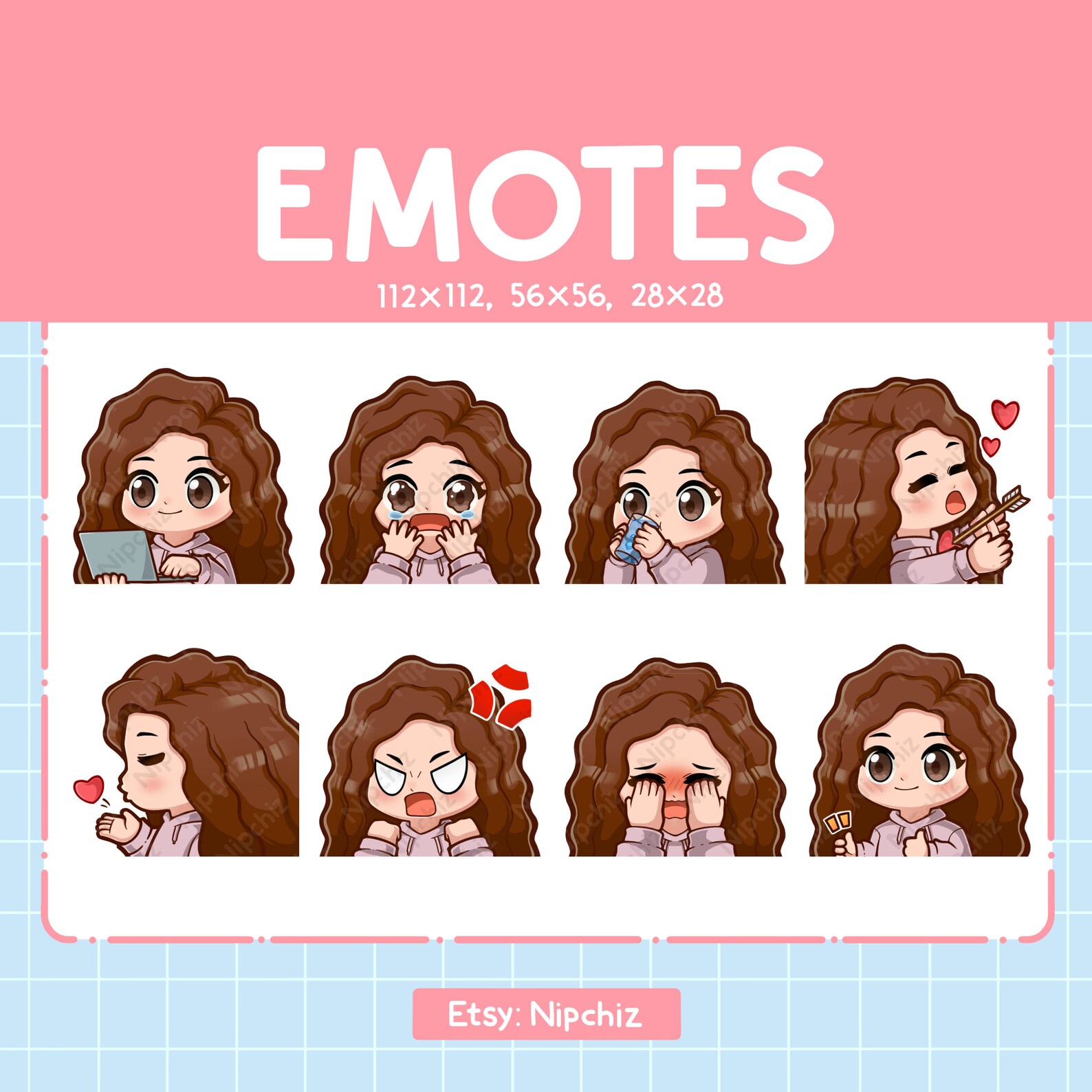 Cute Girl Emotes for Streamer 8 Brown Curly Hair Brown Eyes Kawaii ...