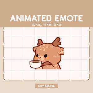 Animated Emote Deer is Sipping a Cup of Coffee - Adorable Cartoon Emote - Chibi Kawaii Emote - Ready to Use
