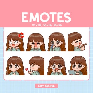 Brown Hair | Chibi Girl Emotes for Streaming (8) Kawaii Cute Girl  | Brown Eyes | Emoji Pack for Streamer