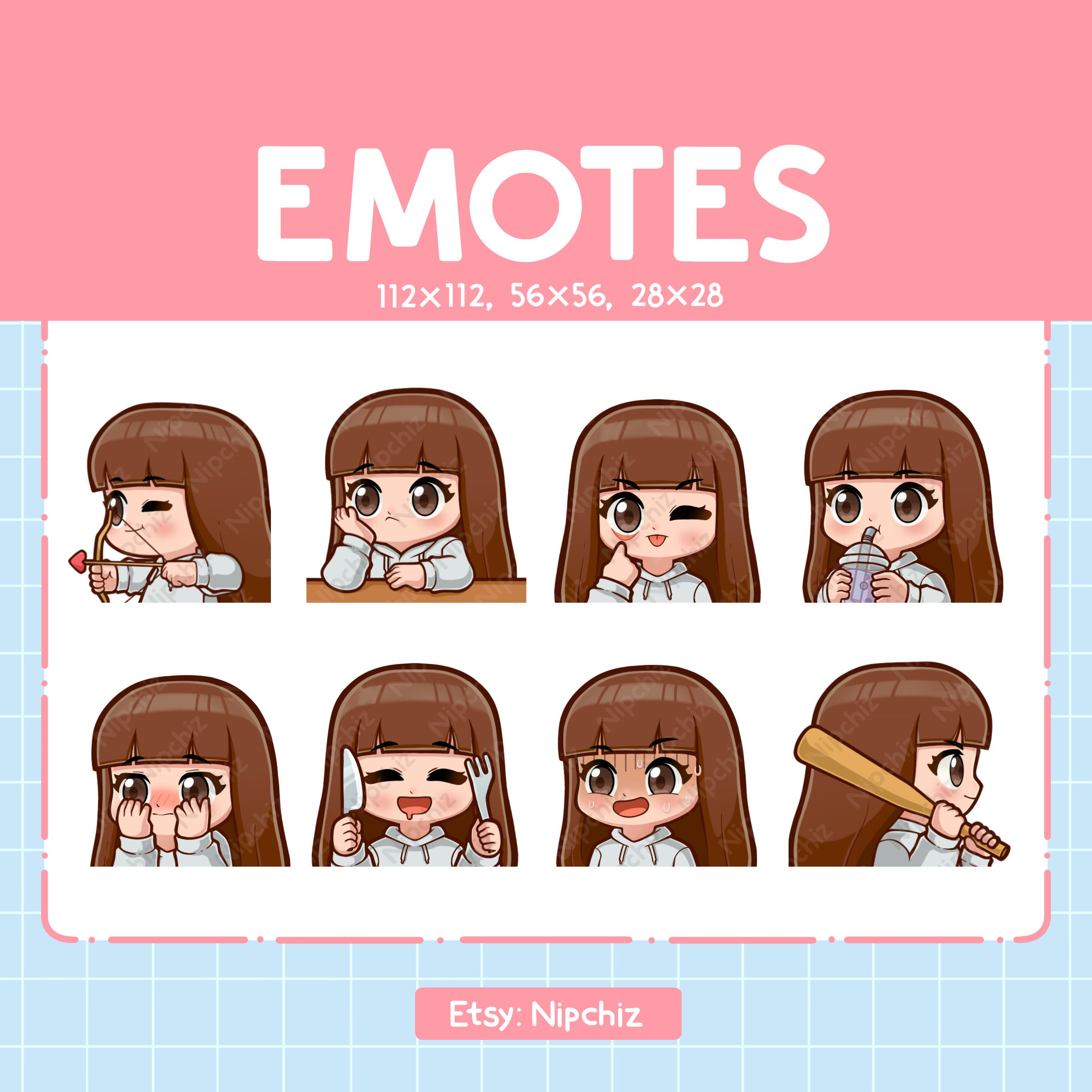 Chibi Girl Emotes for Streaming / Straight Brown Hair With Bangs Brown ...