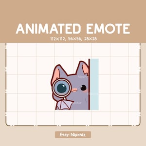 虫眼鏡を持った好奇心旺盛なコウモリが壁の後ろから調べているアニメーション絵文字 - ちび漫画絵文字 - すぐに使用可能