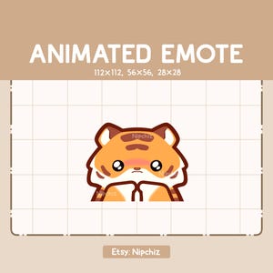 May include: Animated emote of a cute orange and brown tiger with a blush on its cheeks. The tiger is looking down with its paws clasped together. The emote is available in three sizes: 112x112, 56x56, and 28x28 pixels.