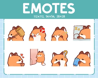 May include: Set of eight fox emoticons in various poses, including sleeping, drinking, and holding a hammer. The emoticons are in different sizes, with the largest being 112x112 pixels and the smallest being 28x28 pixels. The emoticons are all in a cartoon style and have a cute and friendly expression.