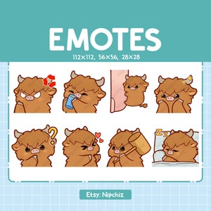 Emotes Highland Cow / 8 schattige emotes voor streaming / Digitaal / Bundel Chibi Highland Cow Emote