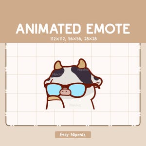 Emoticono animado Vaca con gafas que se pone seria / Emoticono de dibujos animados kawaii / Emoticono chibi para streamer / Listo para usar