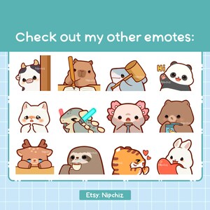 May include: A collection of 12 cute cartoon animal emotes. The emotes are in a grid of 4 rows and 3 columns. Each emote has a different expression and is set against a white background. The emotes include a cow, a bear, a shark, a panda, a cat, a dinosaur, an axolotl, a bear, a deer, a sloth, a tiger, and a rabbit.