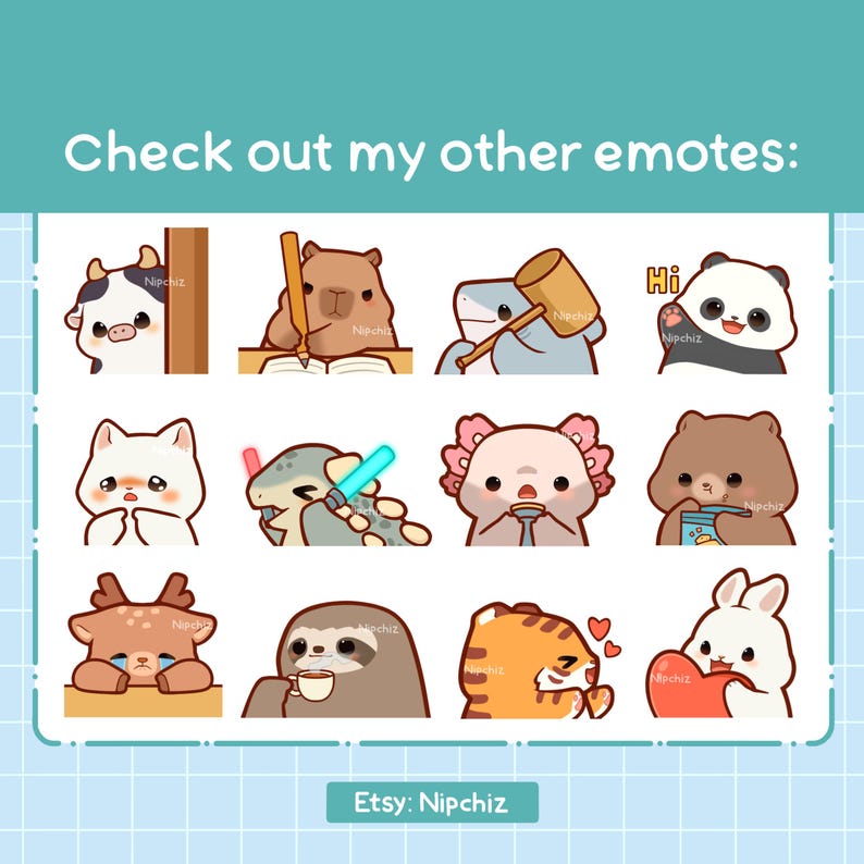 May include: A collection of 12 cute cartoon animal emotes. The emotes are in a grid of 4 rows and 3 columns. Each emote has a different expression and is set against a white background. The emotes include a cow, a bear, a shark, a panda, a cat, a dinosaur, an axolotl, a bear, a deer, a sloth, a tiger, and a rabbit.
