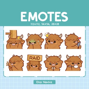 Highland Cow Emotes / Cute Emoji Pack / 8 Highland Cow Emotes for Streaming / Bundle Emotes