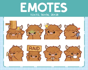 Highland Cow Emotes / Cute Emoji Pack / 8 Highland Cow Emotes for Streaming / Bundle Emotes