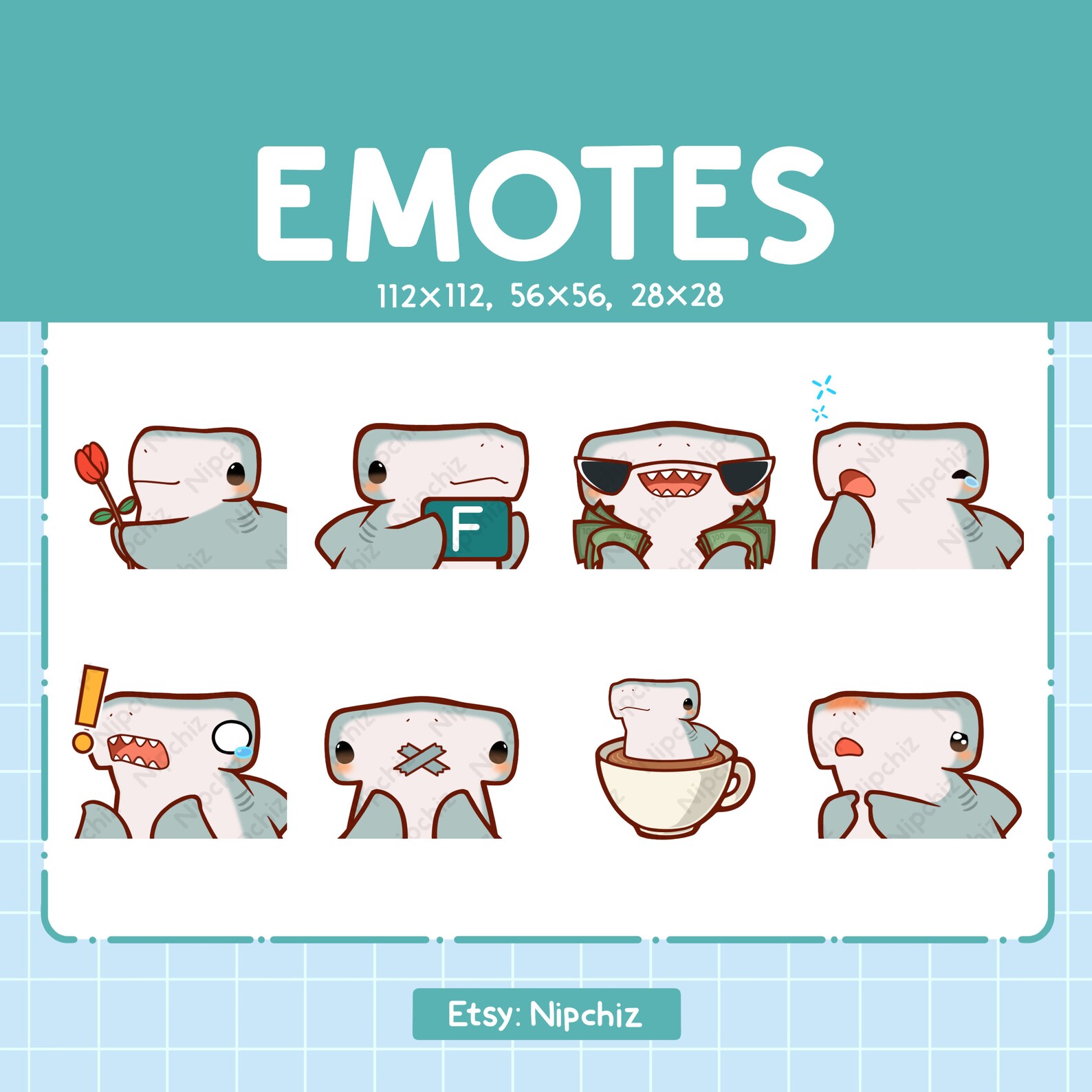 Hammerhead Shark Emotes / Cute Emoji Pack / 8 Hammerhead Shark Emotes for Streaming / Bundle