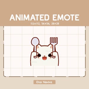 Animated Emote Adorable White Cat is Holding a Spoon and Fork / Kawaii Emote / Adorable Emote for Streaming / Ready to Use