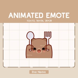 Emote animado: Adorable oso grizzly sosteniendo una cuchara y un tenedor - Emote Chibi - Emote divertido para streaming - Emote Kawaii