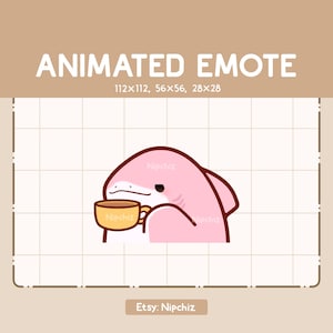 Emote animé Requin rose sirotant une tasse de café - Emote drôle adorable - Emote dessin animé pour le streaming - Emote mignon