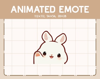 Peut inclure: Émoticône animé d'un lapin blanc aux yeux bruns et au nez rose qui salue de la patte droite. Le lapin sourit et a une expression joyeuse.
