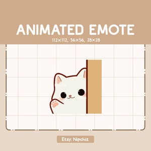 Emote animée Chat blanc vous salue en agitant la main derrière un mur - Emote mignon - Emote dessin animé Chibi